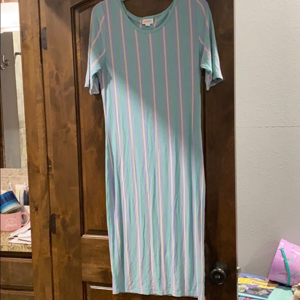 Pink, purple stripe on light blue